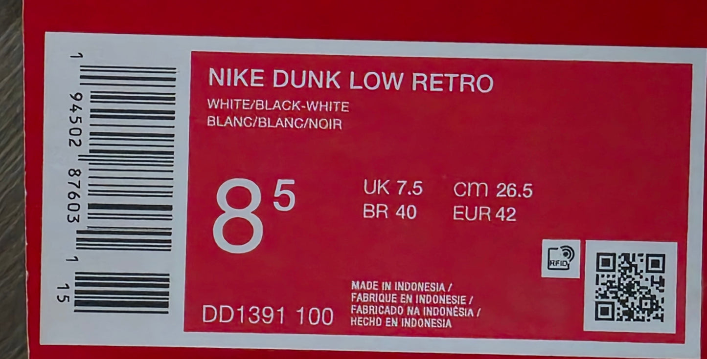 New Nike Dunk Low Retro White Black Panda DD1391-100 US Size 8.5