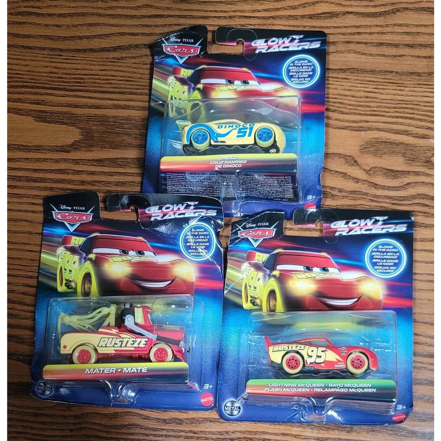 Disney PIXAR Cars Glow Racers Set of 3 McQeen•Cruz Ramirez•Mater Damaged Boxes