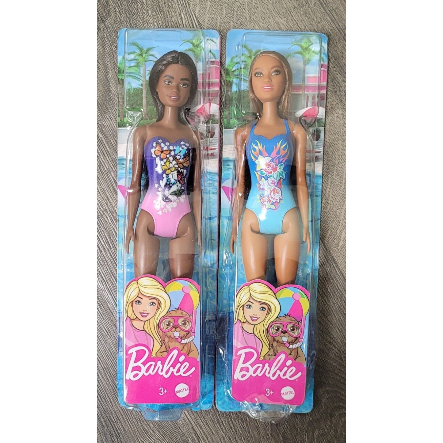 Barbie Beach Doll Lot Of 2 Purple Bathing Suit and Blue Bathing Suit