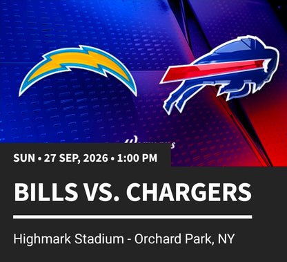4 Tickets to Los Angeles Chargers at Buffalo Bills 9/27/26 Section 442 Row 19 Seats 5 - 8